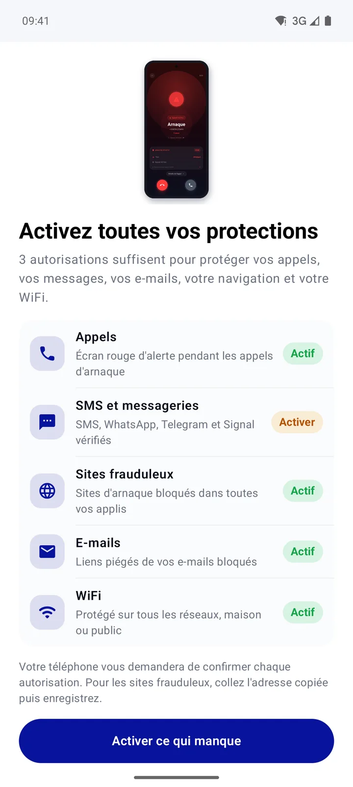Vraie capture sur Android : écran Activez toutes vos protections