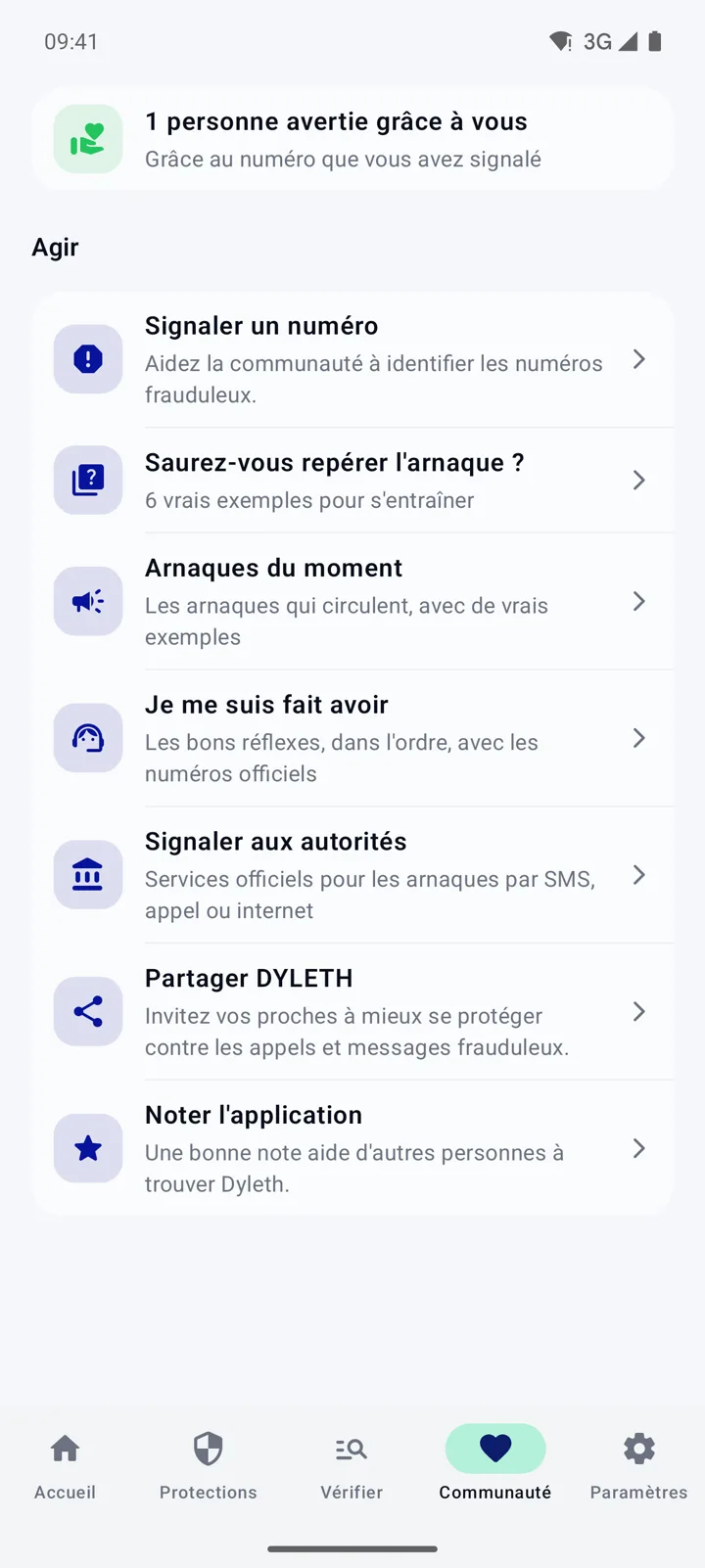 Vraie capture : suite de la page Communauté avec les boutons Partager DYLETH et Noter l'application