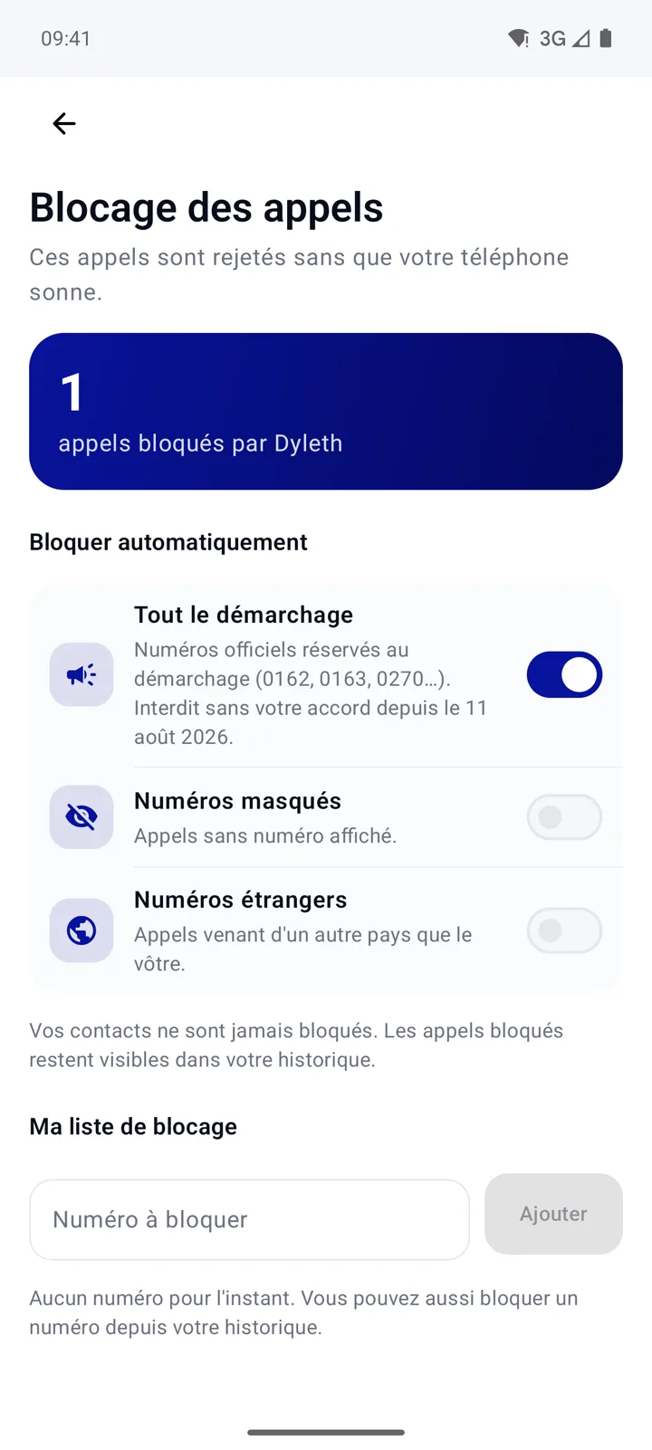 Vraie capture : réglages Blocage des appels, tout le démarchage activé, numéros masqués et étrangers