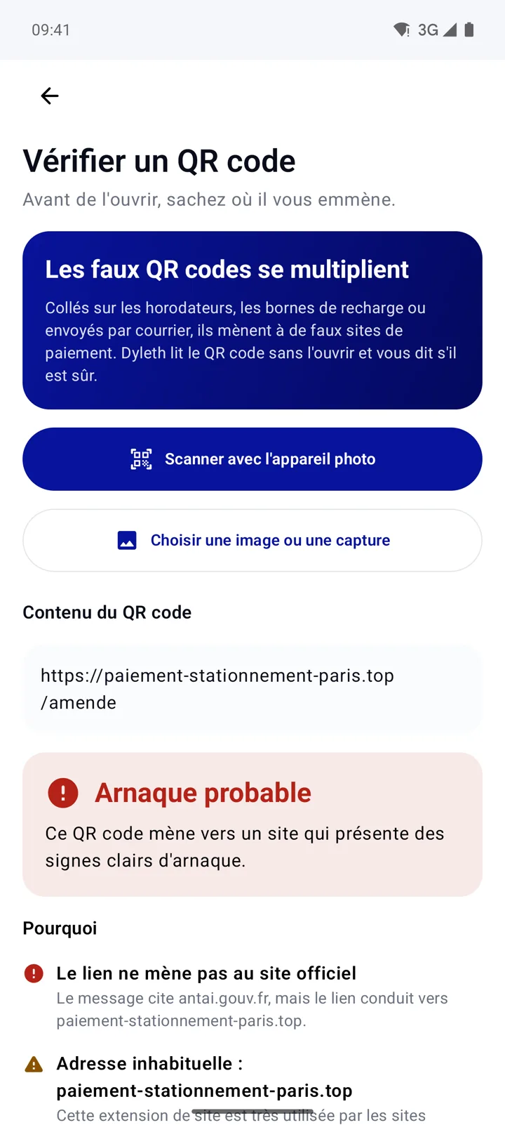 Vraie capture : résultat de Vérifier un QR code, le lien est analysé sans être ouvert