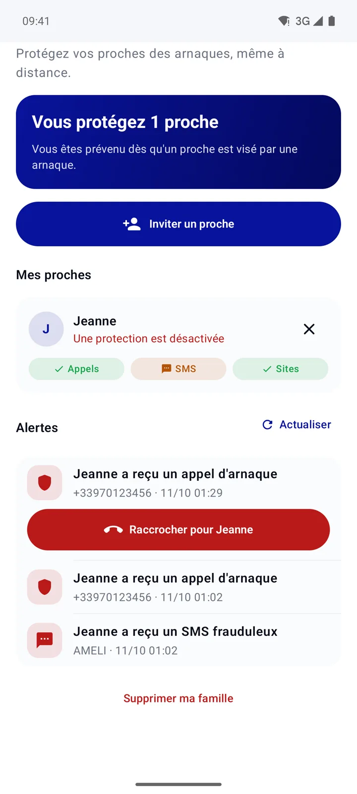 Vraie capture : alertes famille, Jeanne a reçu un appel d'arnaque, bouton Raccrocher pour Jeanne