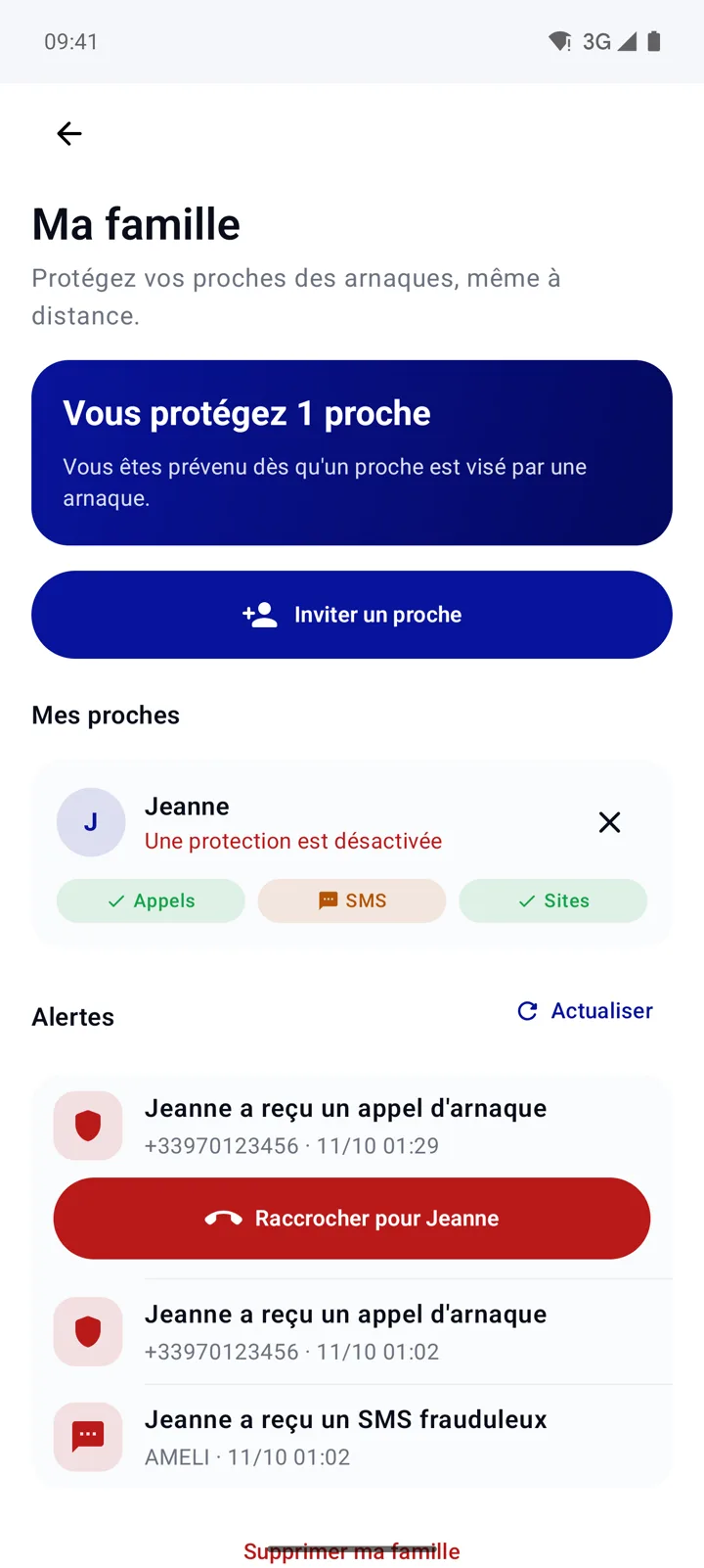 Vraie capture : écran Ma famille, vous protégez 1 proche, état de ses protections Appels, SMS et Sites