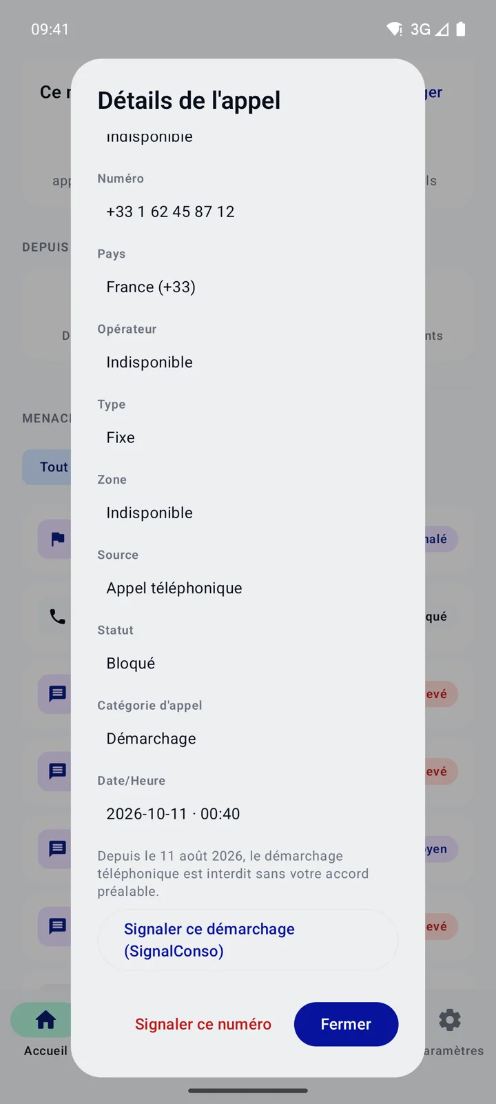 Vraie capture : détails d'un appel de démarchage bloqué, avec le lien Signaler ce démarchage (SignalConso)
