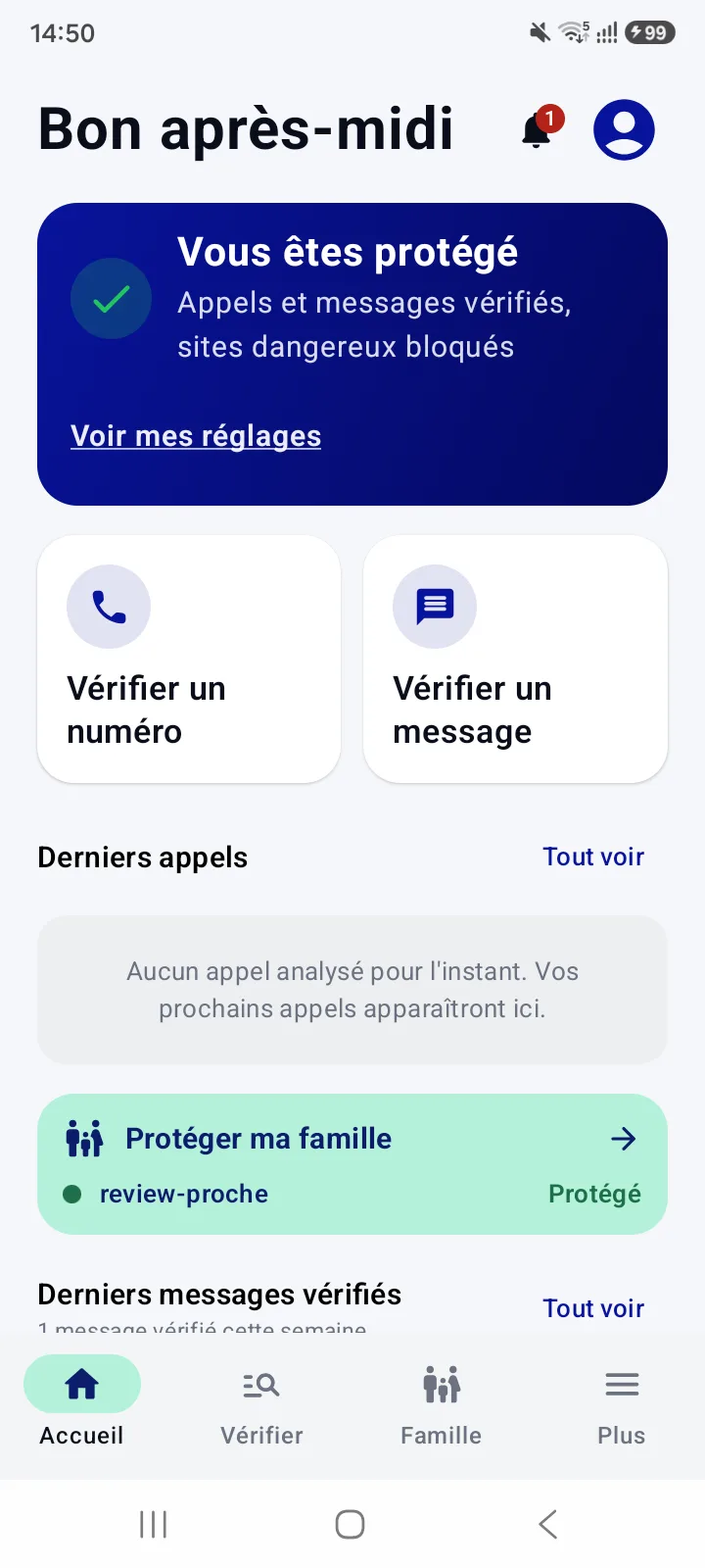 Vraie capture sur Android : accueil de DYLETH, Vous êtes protégé, Vérifier un numéro, Vérifier un message, derniers appels, un proche protégé