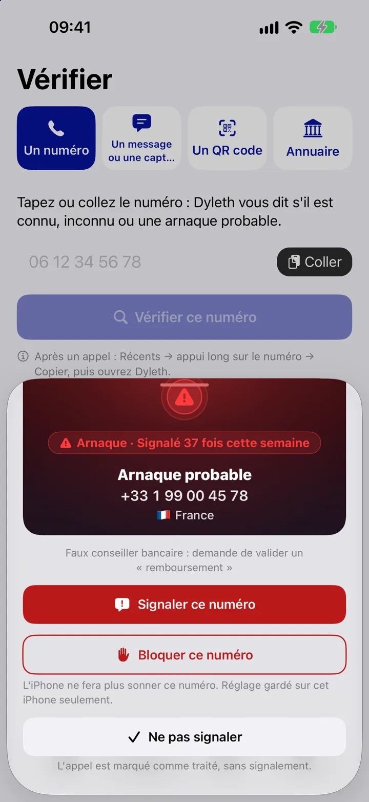Vraie capture iPhone : Vérifier un numéro, verdict « Arnaque · Signalé 37 fois cette semaine », avec les boutons Signaler ce numéro, Bloquer ce numéro et Ne pas signaler