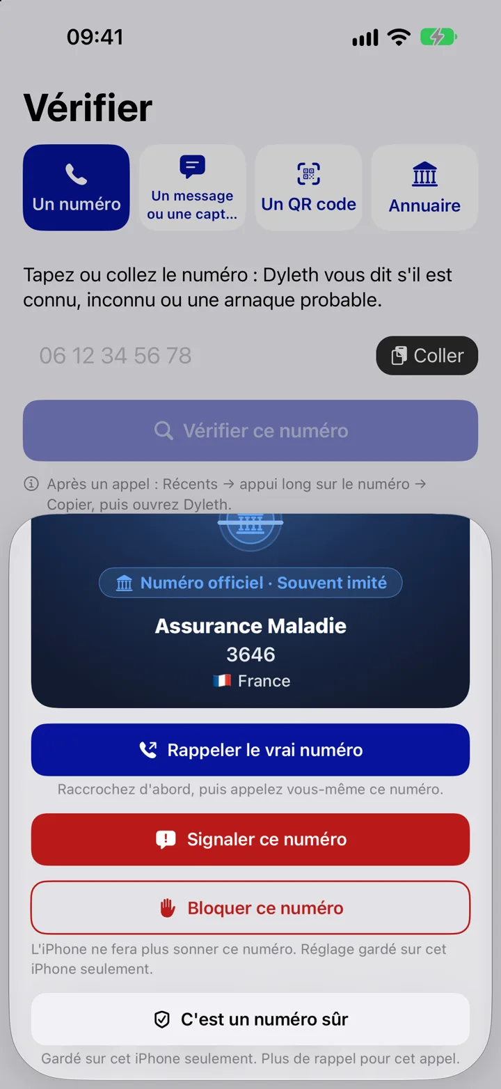 Vraie capture iPhone : numéro officiel de l'Assurance Maladie (3646) dans l'annuaire des organismes, avec les boutons Rappeler le vrai numéro, Signaler ce numéro, Bloquer ce numéro et C'est un numéro sûr