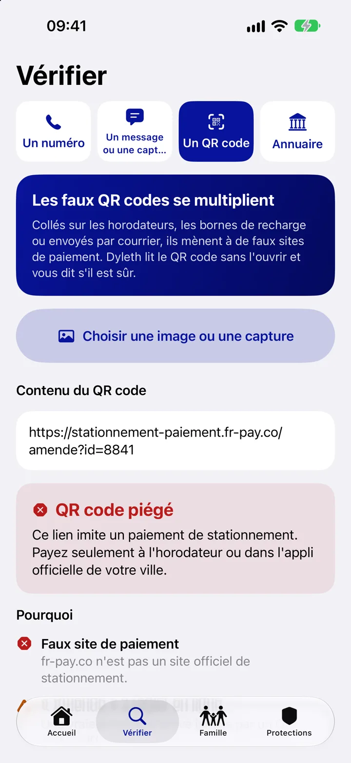 Vraie capture iPhone : écran Vérifier, onglet Un QR code : le lien stationnement-paiement.fr-pay.co est jugé QR code piégé, car il imite un paiement de stationnement ; conseil de payer seulement à l'horodateur ou dans l'appli officielle de la ville