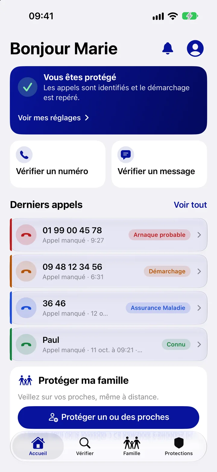 Vraie capture sur iPhone : accueil de DYLETH, Vous êtes protégé, derniers appels étiquetés Arnaque probable, Démarchage, Assurance Maladie et Connu, Protéger ma famille