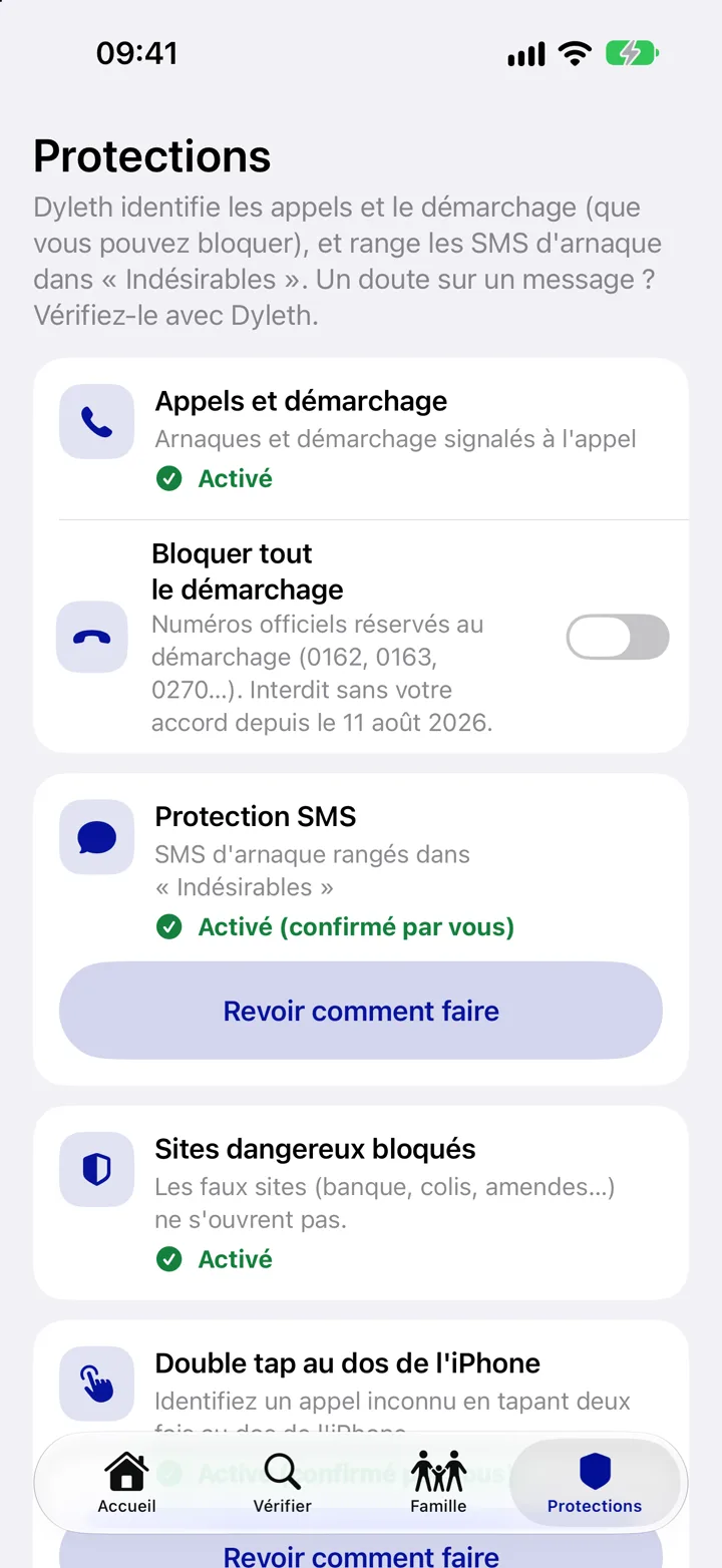Vraie capture sur iPhone : onglet Protections, Appels et démarchage activé, interrupteur Bloquer tout le démarchage, Protection SMS activée, Sites dangereux bloqués activé, Double tap au dos de l'iPhone