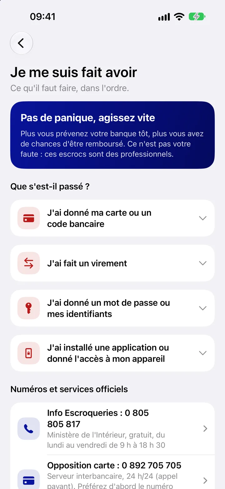 Vraie capture iPhone : Je me suis fait avoir, les situations possibles (carte, virement, mot de passe, application installée) et les numéros officiels comme Info Escroqueries